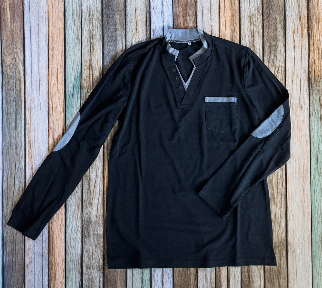 Patch-Shirt Langarm Schwarz/Braun