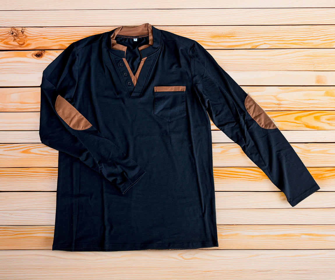 Patch-Shirt Langarm Schwarz/Grau